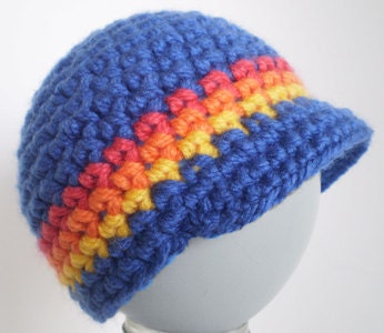 Cute Blue Crochet  Newborn Baby Boy Peak Cap Beanie Hat (Preemie -12 months) Photo Prop