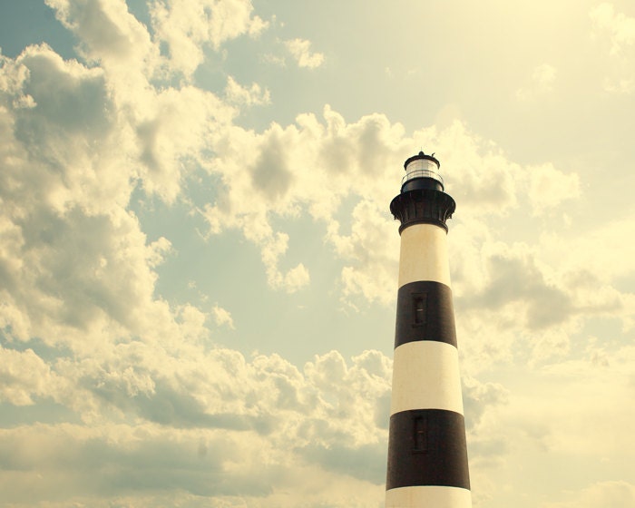 Lighthouse photo, neutral decor, inspiration, clouds, spiritual, pale blue, black and white, stripes, coastal, nautical