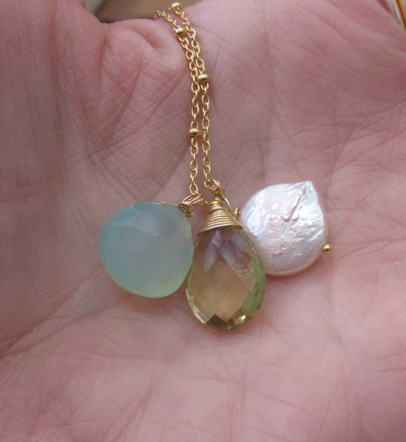 Citrine, freshwater pearl and aqua blue chalcedony stones on a gold vermeil chain necklace