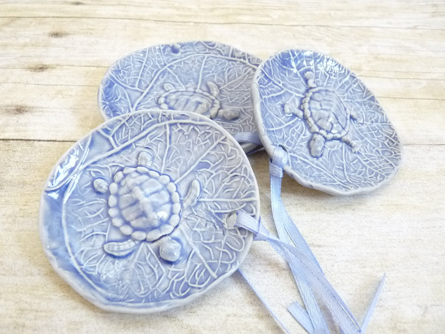 Sea Turtle Ornament Blue Handcrafted Pottery Ceramic Christmas Ornament Set of Three