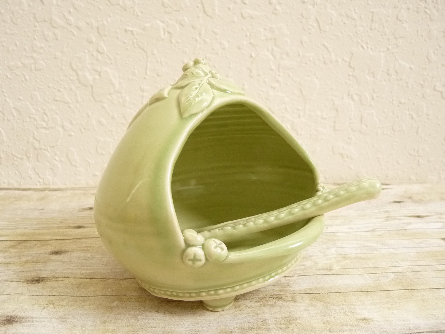 French Salt Pig Handcrafted Spoon Spring Green Salt Cellar Ceramic Stoneware Pottery For Gourmet Cook Or Kitchen Leaf Decor