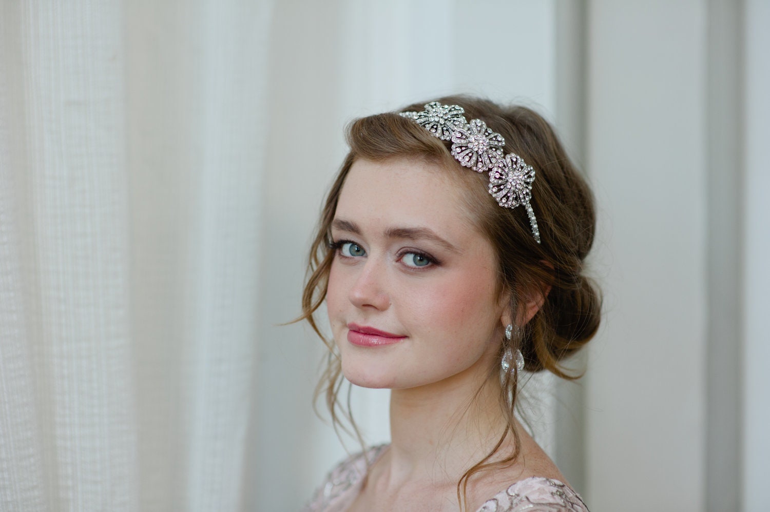 Bridal Headband with Three Rhinestone Flowers and Swarovski Pearls and Crystals by Fine & Fleurie