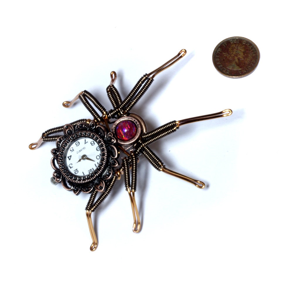 Steampunk Neo Victorian Spider Lapel pin Sculpture with Working Watch and Ruby Lab Opal