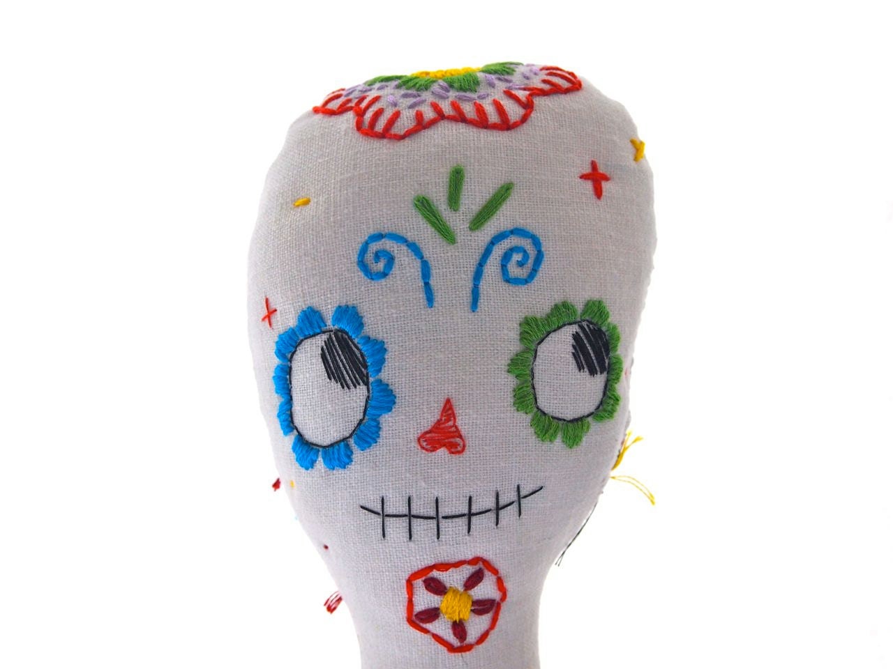 Day of the dead sugar skull skeleton doll embroidered linen Dia de los muertos cloth doll