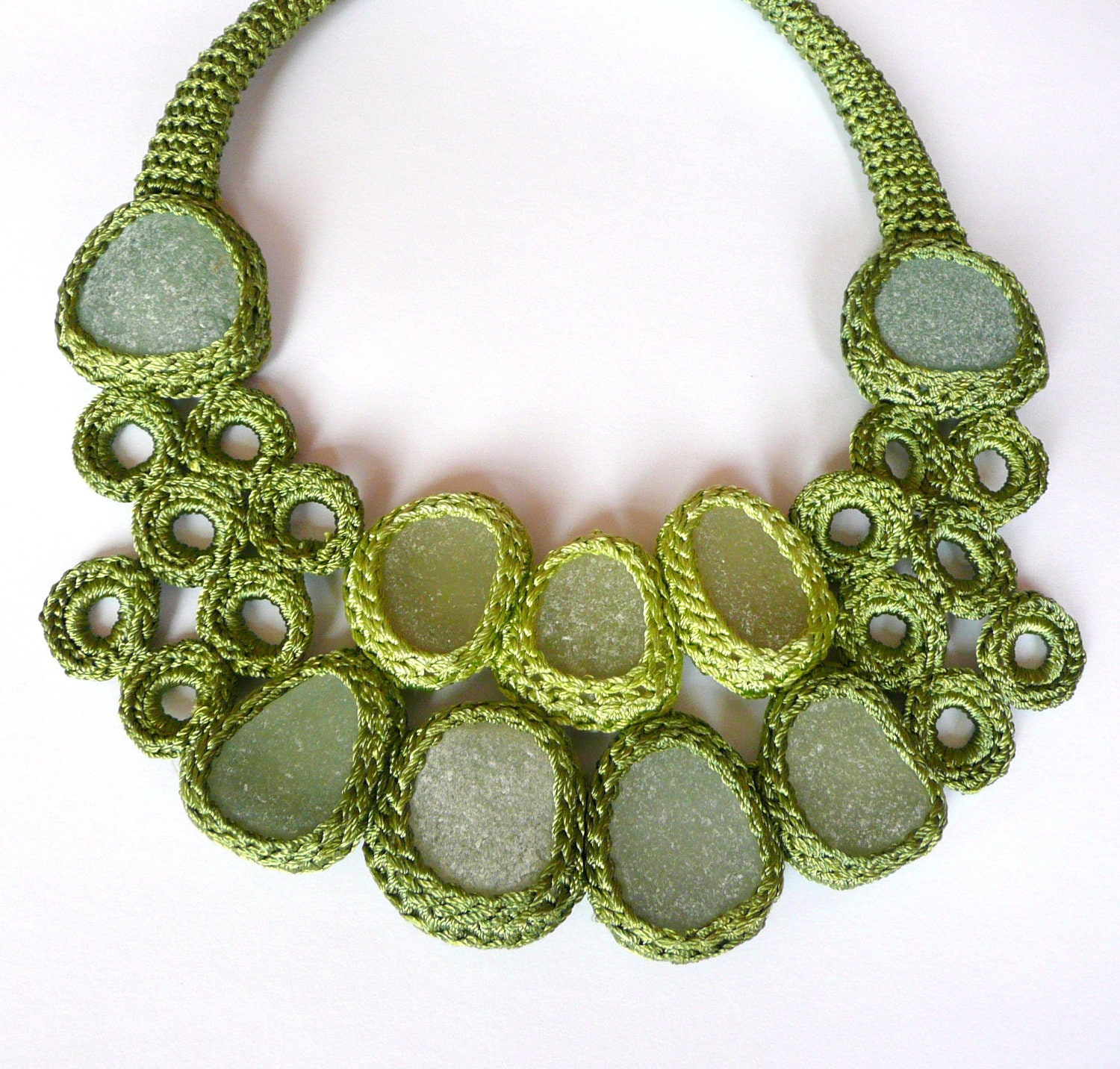 Green seaglass bib necklace with 9 sea glass statement prom collar crochet OOAK handmade Birthday spring gift for her Valentine Easter