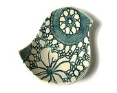 Bird bowl Handmade stoneware ceramic pottery bowl in teal and cream with vintage lace texture Candle holder Soap dish Ring holder
