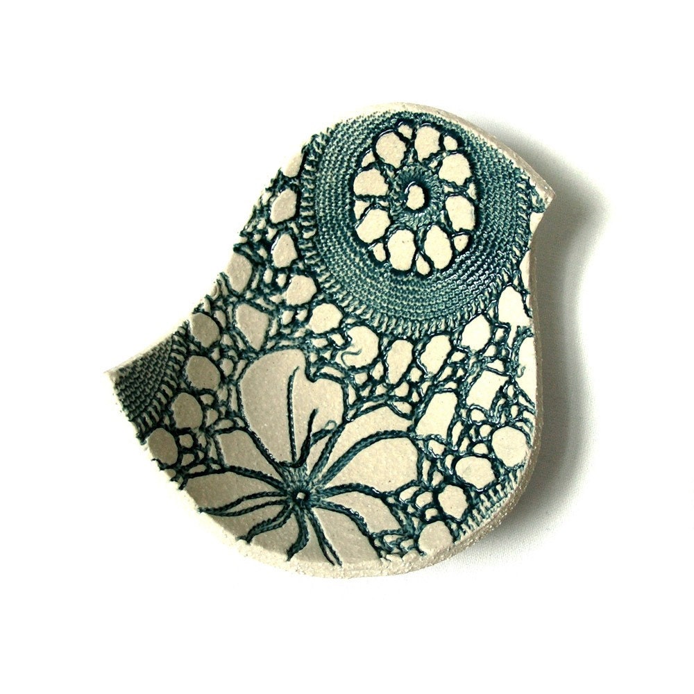 Bird bowl Handmade stoneware ceramic pottery bowl in teal and cream with vintage lace texture Candle holder Soap dish Ring holder
