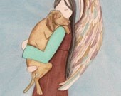 Vizsla cradled by angel  / Lynch signed folk art print
