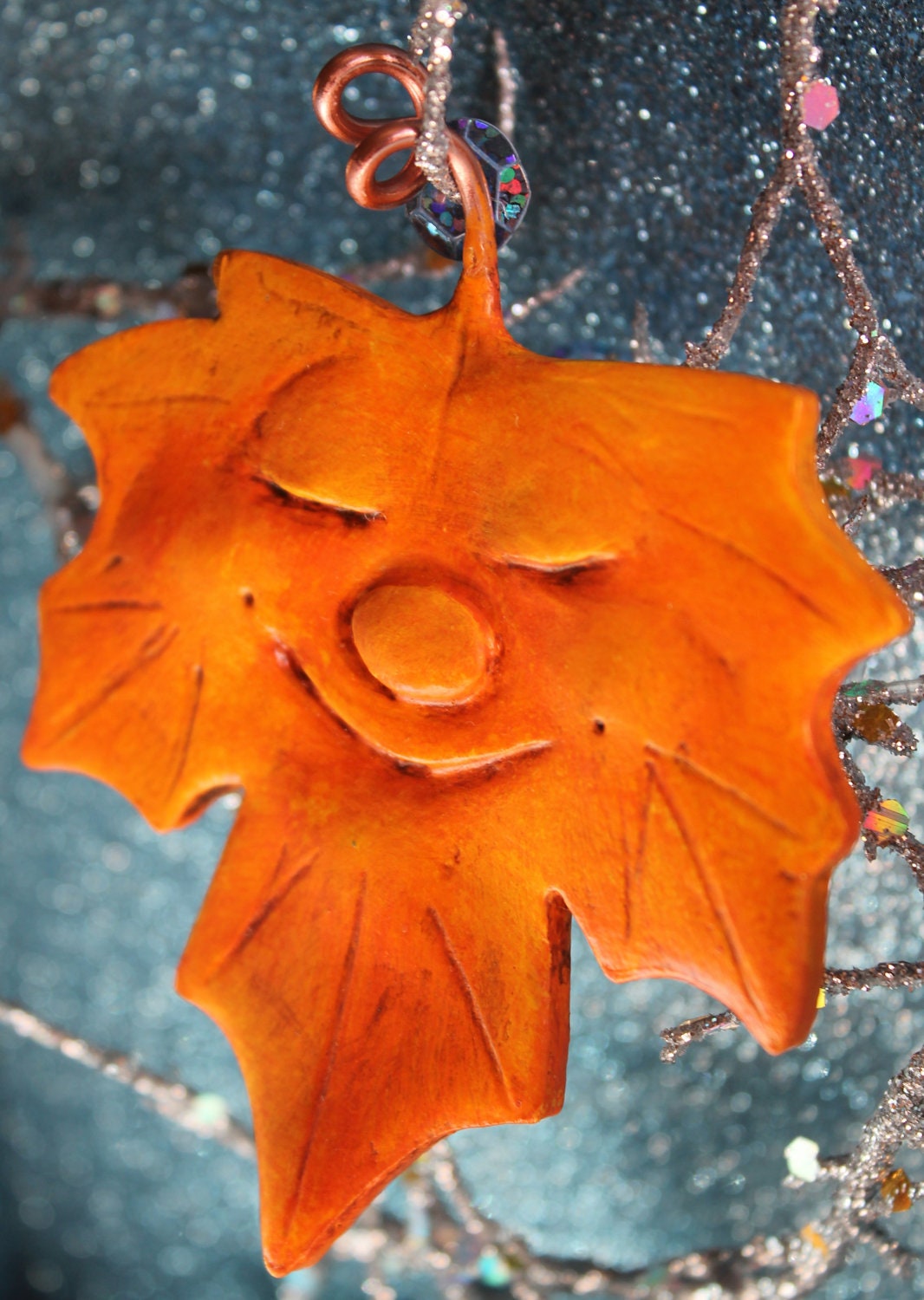 OOAK Orange Paper Clay Maple Leaf Ornament