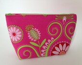 Bridesmaid thank you gift - Cosmetic Bag, Make Up zippered pouch, hot pink and lime green flowers