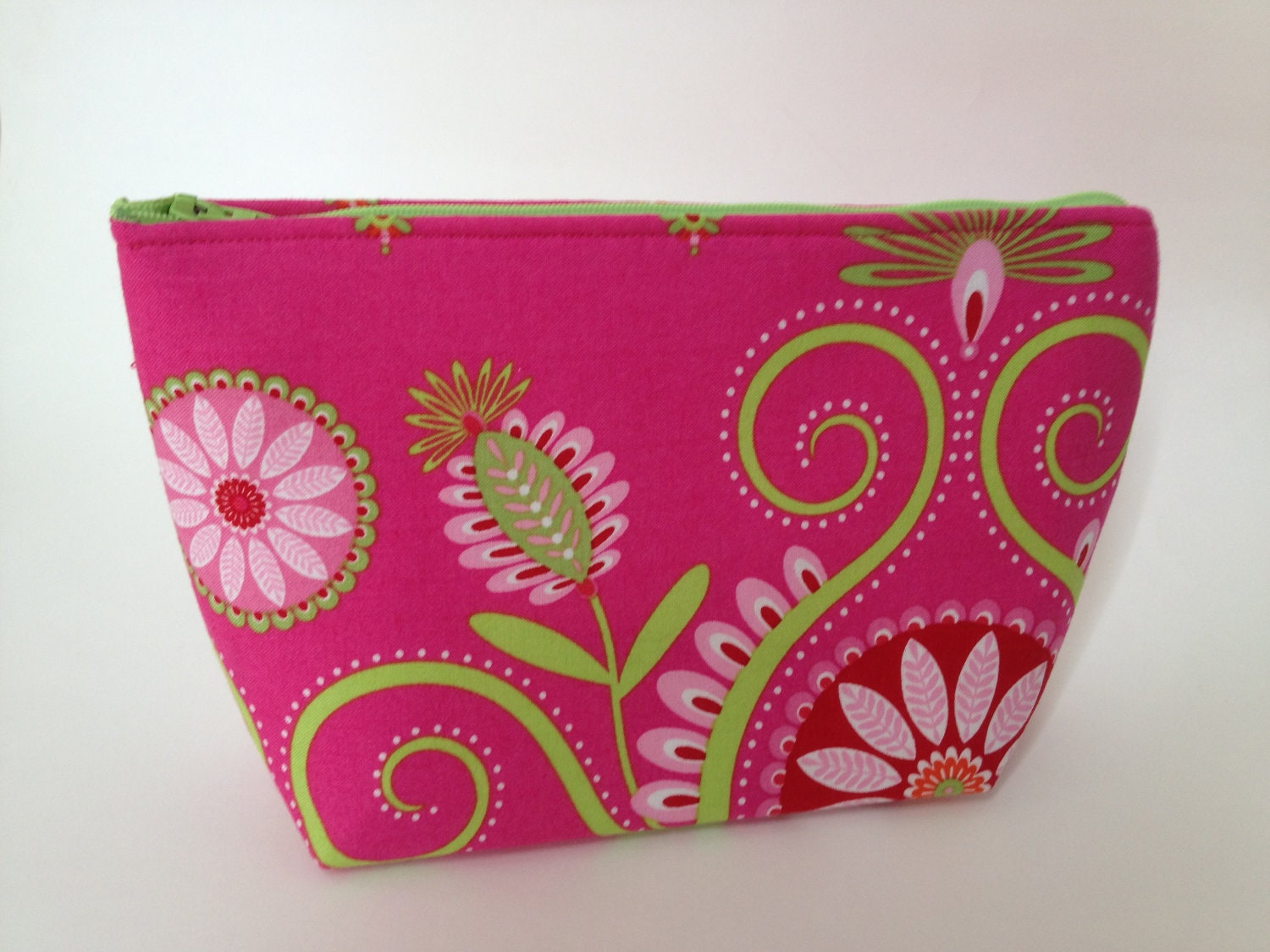 Bridesmaid thank you gift - Cosmetic Bag, Make Up zippered pouch, hot pink and lime green flowers