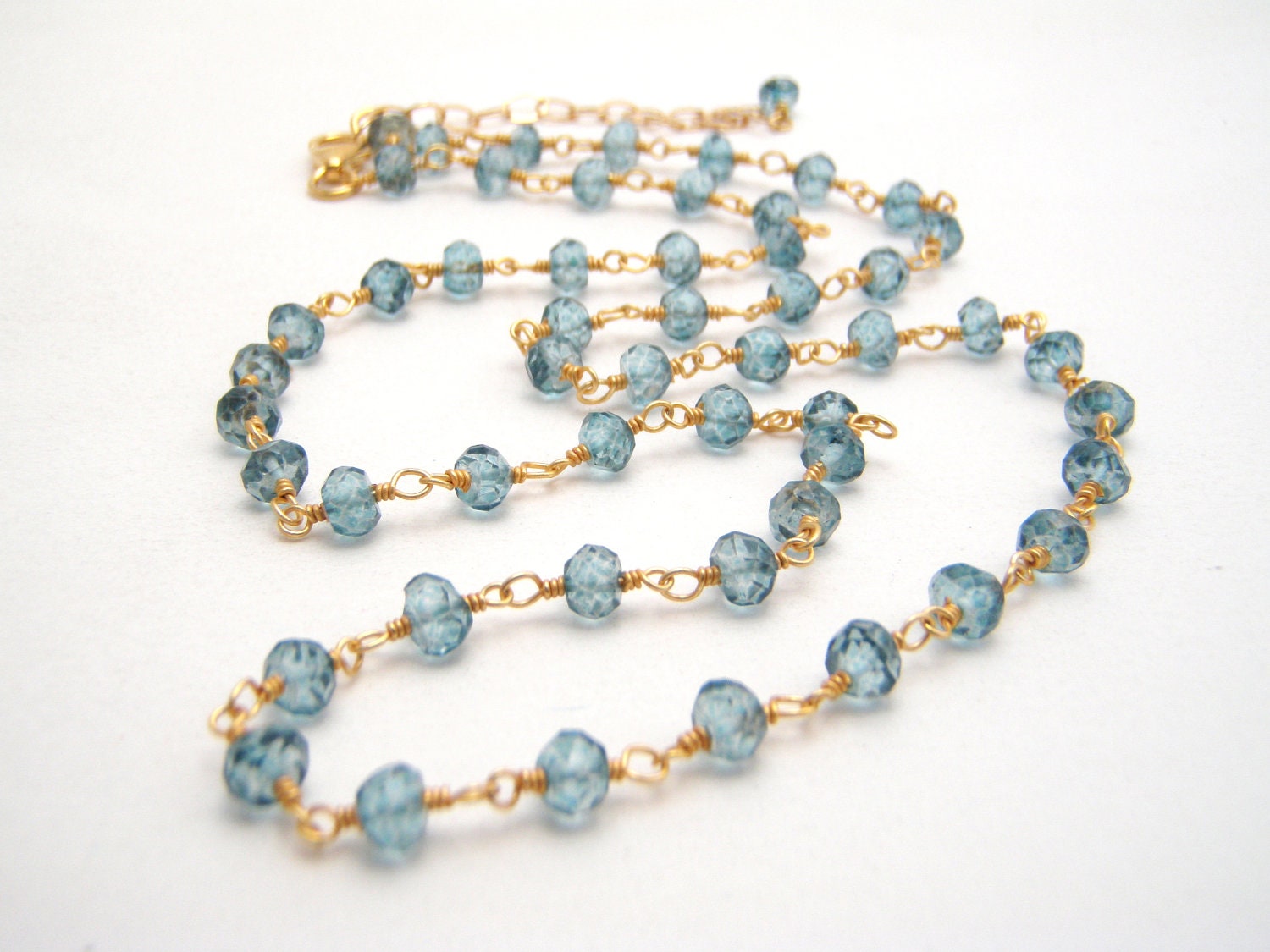 London Blue Topaz Quartz Rosary Necklace - Wire Wrapped - Ocean Blue - Gold