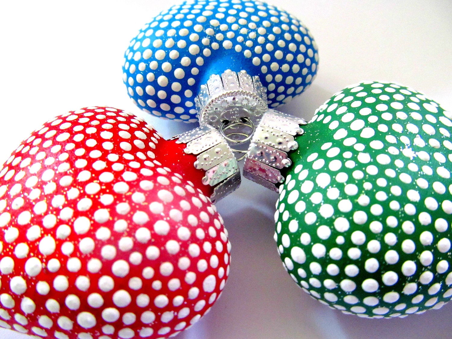 Little Dotted Heart Ornaments: Three Hand painted Puffy Glass Hearts Christmas Tree Ornaments