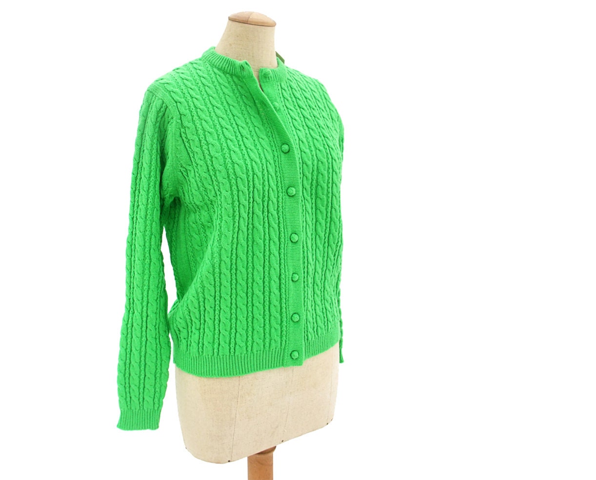 Vintage Cardigan Sweater 60s Pin Up Lime Green Cable Knit NWT Large