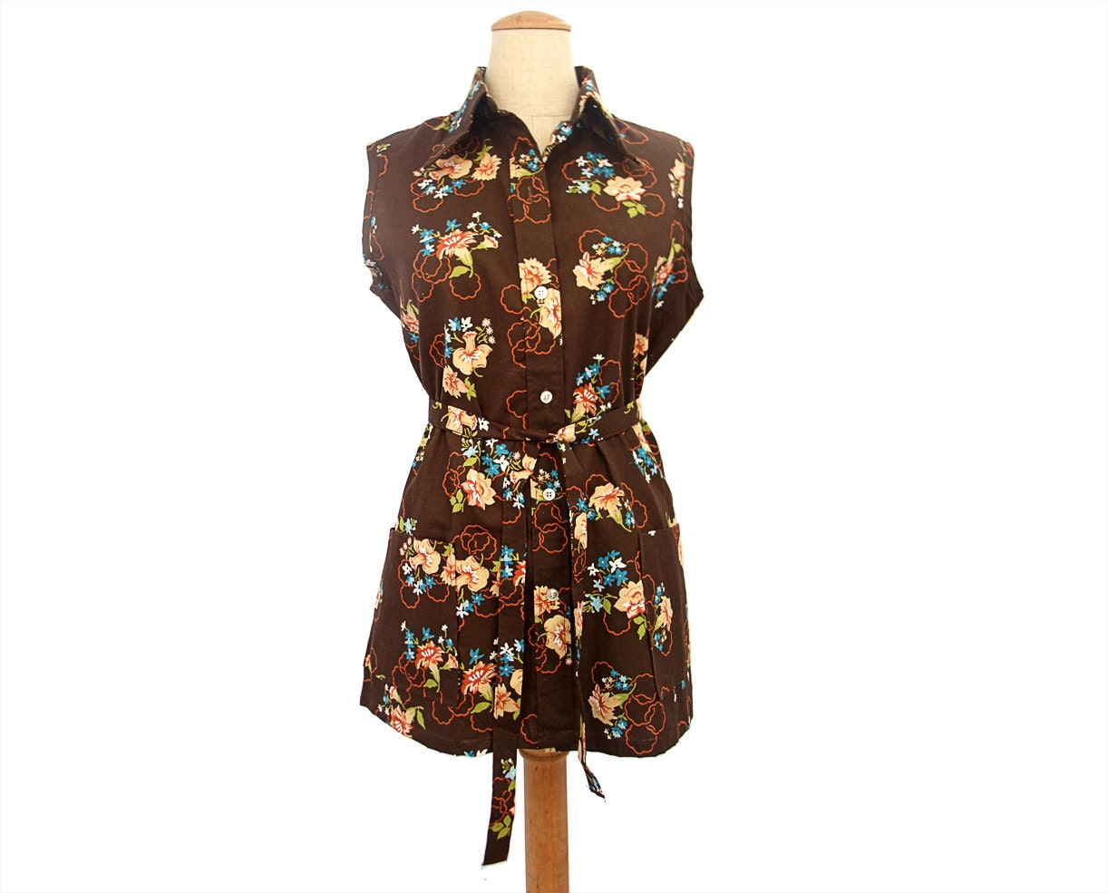 Vintage 1970s Blouse Brown Floral Smock Top Belt NOS