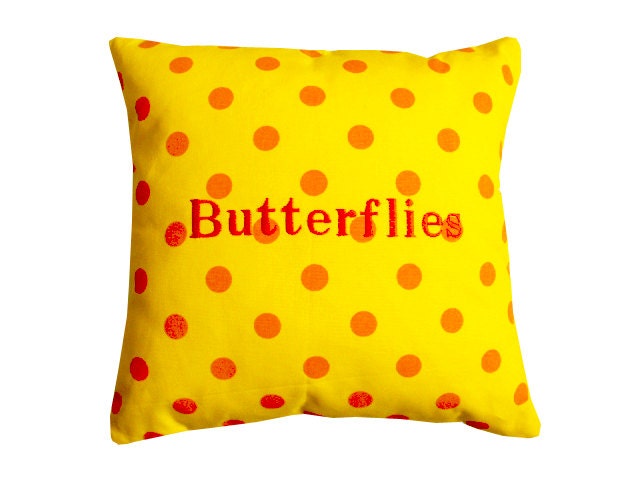 Butterflies Cute Bright Orange and Yellow Embroidered Polka Dot Square  Prayer Throw Pillow w/matching Greeting Card