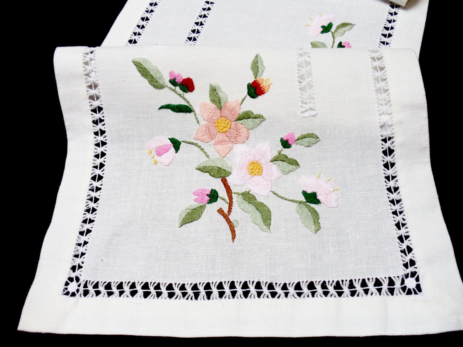 Antique Linens Table Runner Pink Embroidered Orchids