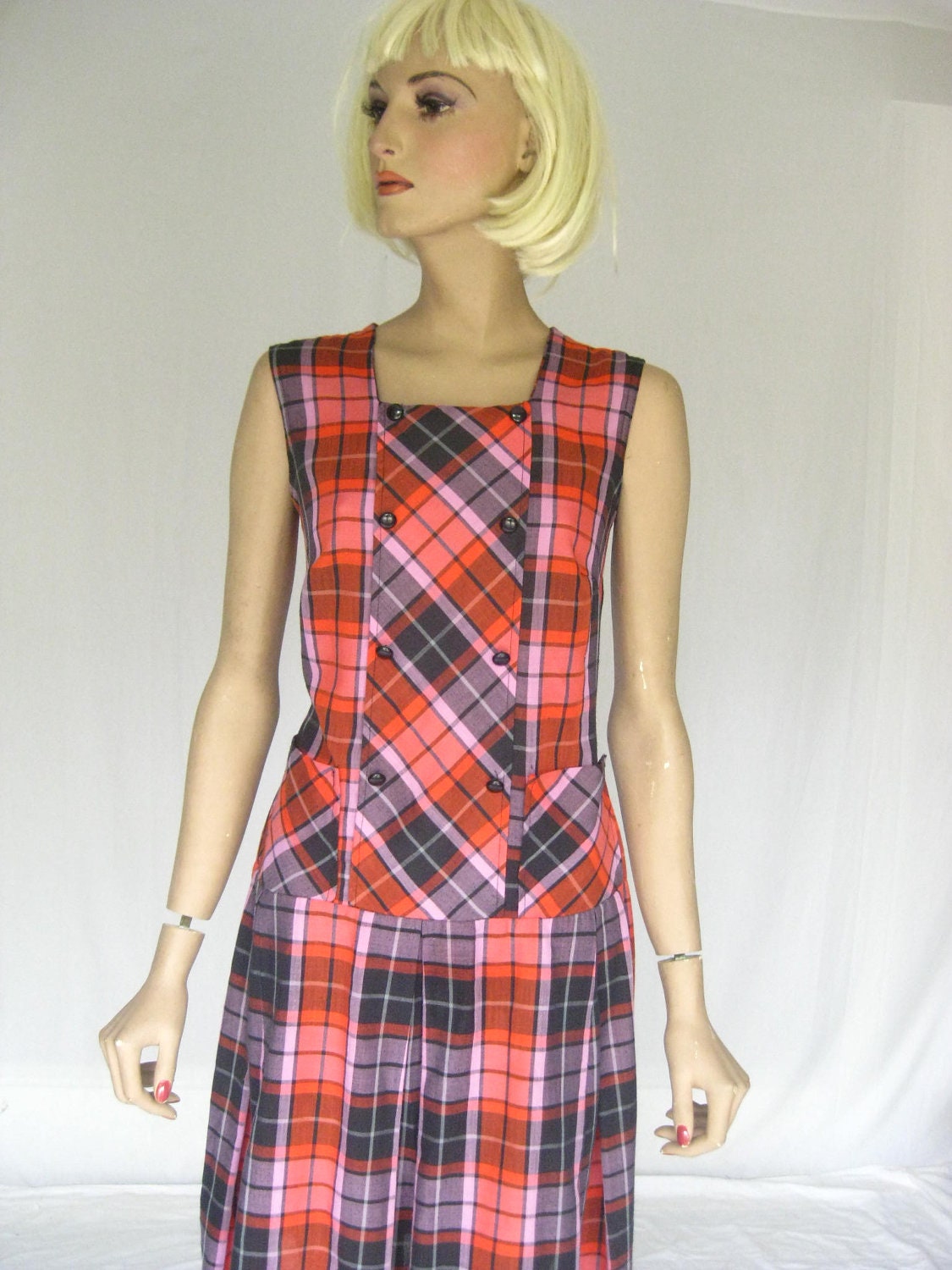 Vintage  60s MOD  Dropped Waist Plaid  Dress