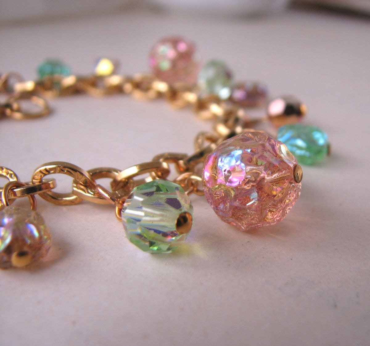 Peach Tea shabby charm bracelet with vintage glass beads