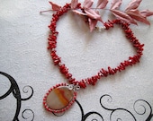 Stunning  wire wrapped agate pendant with silver and  coral beads  under 40 usd