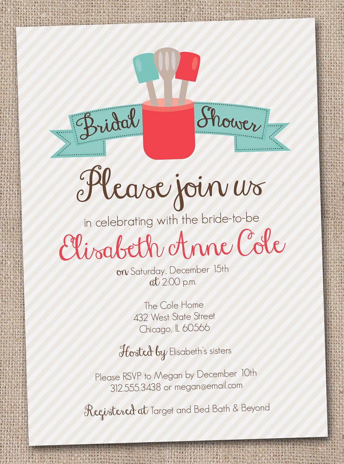 Printable Kitchen Shower Invitation Blue and Red Utensils Bridal Shower Digital Design Il_570xn