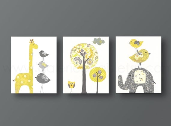 Nursery art print, baby nursery decor, nursery print, Kids art, yellow, gray, elephant, giraffe, bird, Tree, Set of three 8x10 prints