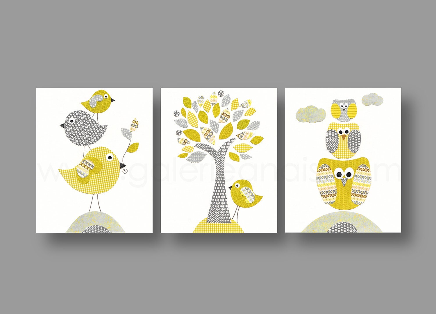 Nursery art, baby nursery decor, nursery wall art, bird, kids art, owl, yellow, gray, tree, Set of 3, 11x14 Prints