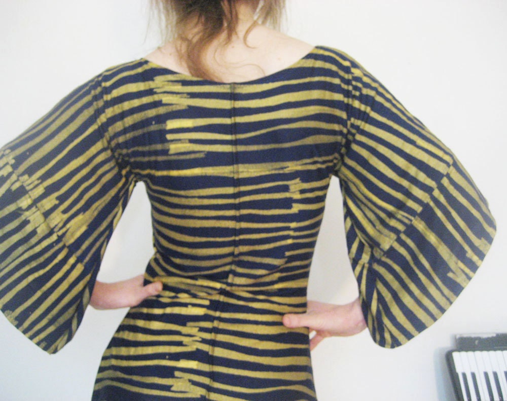 navy blue and gold striped tunic top handmade screen printed kimono sleeved graphic print one of a kind top