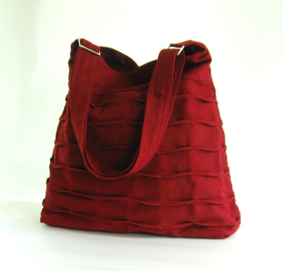 Sale - Deep Red Hemp/Cotton Bag, diaper bag, tote, pleats, purse - ROSANNE
