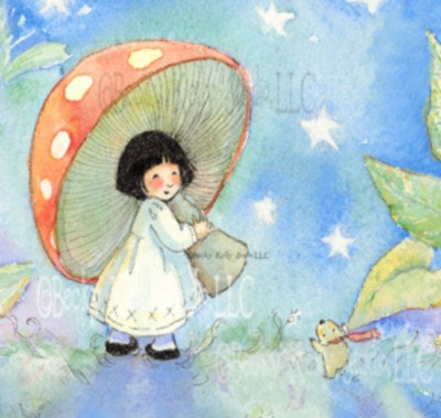 Periwinkle Sky, Whimsical print of a sweet child with umbrella 8 X 8 print giclee