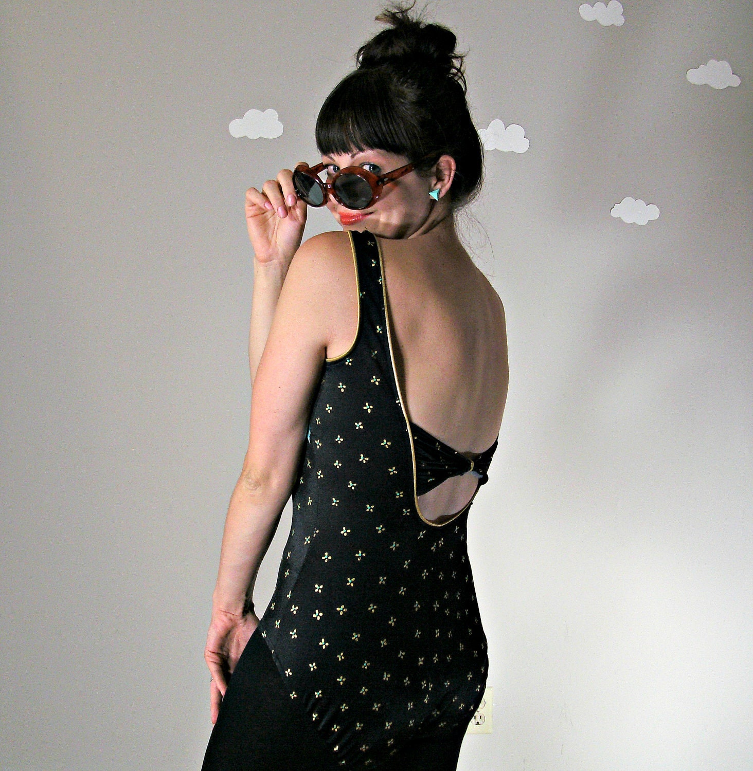 Vintage bathing suit polka dot gold retro floral medium SWEET THANG