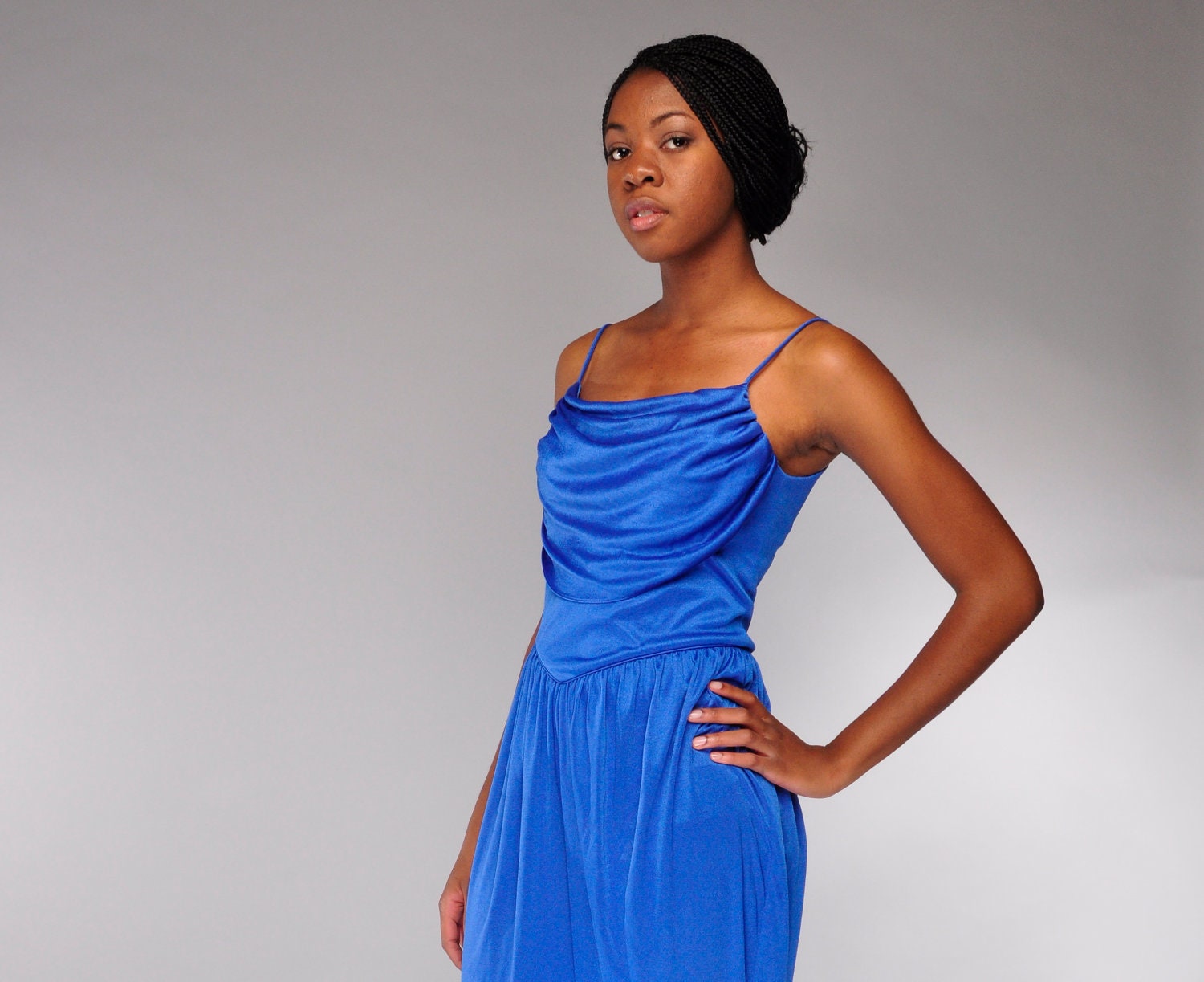Vintage Slinky Draped Jumpsuit  /  Spaghetti Strap  /  Harem Pants  /  Electric Blue / S M