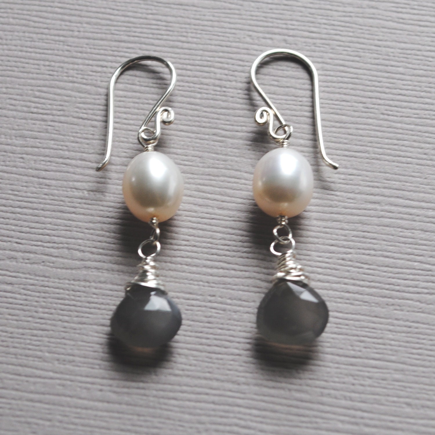 Pearl and grey moonstone dangle earrings