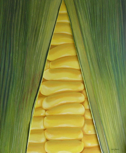 Sweetcorn Painting - Very Large Mixed Media Original - Close up of Vegetable - Yellow and Green
