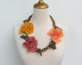 Felted Flower  Necklace for Faeries  Mustard, Peach, Deep Red, Rust