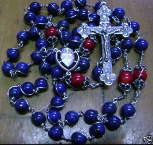 925 Silver 6 cm Cross Lapis lazuli & Fire Coral Rosary