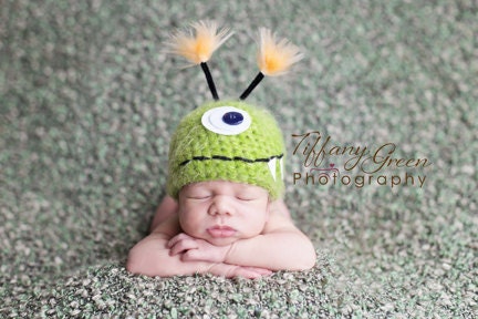 Green Monster Newborn Baby Hat, Photography Prop, Little Monster