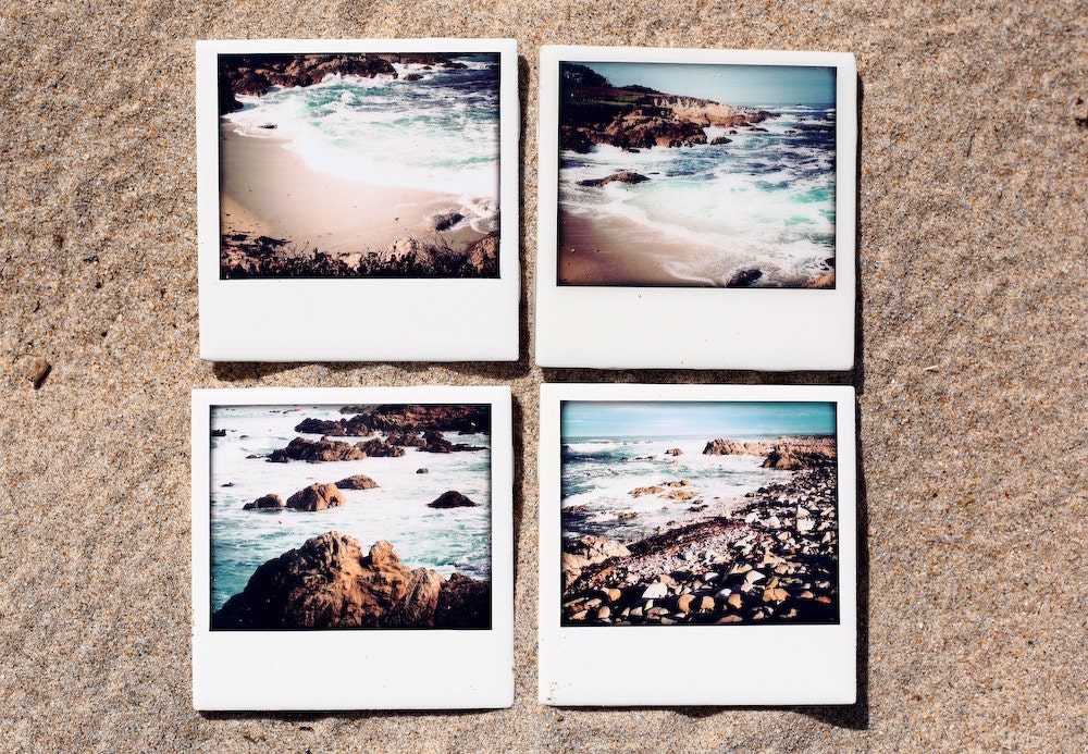 Coasters  California Beach - Set of 4 Ceramic Polaroid Coasters, Beach Cottage Decor, 17-mile Drive