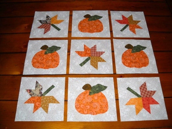 Set of 9 Fall Maple Leaf & Pumpkin Quilt Blocks