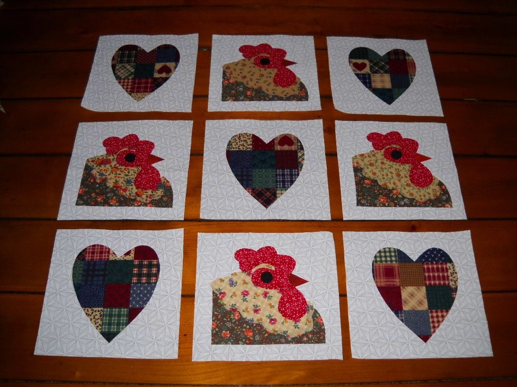 Set of 9 Country Rooster and Patchwork Heart Quilt Top Blocks