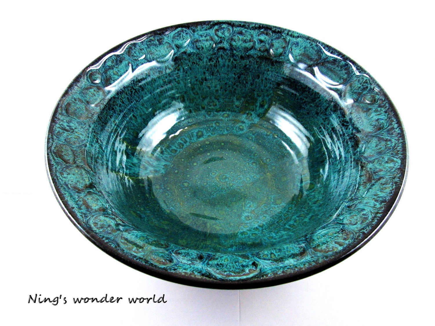 pottery serving bowl, wedding gift, shower gift, rocky design, teal, turquoise (Made to order)