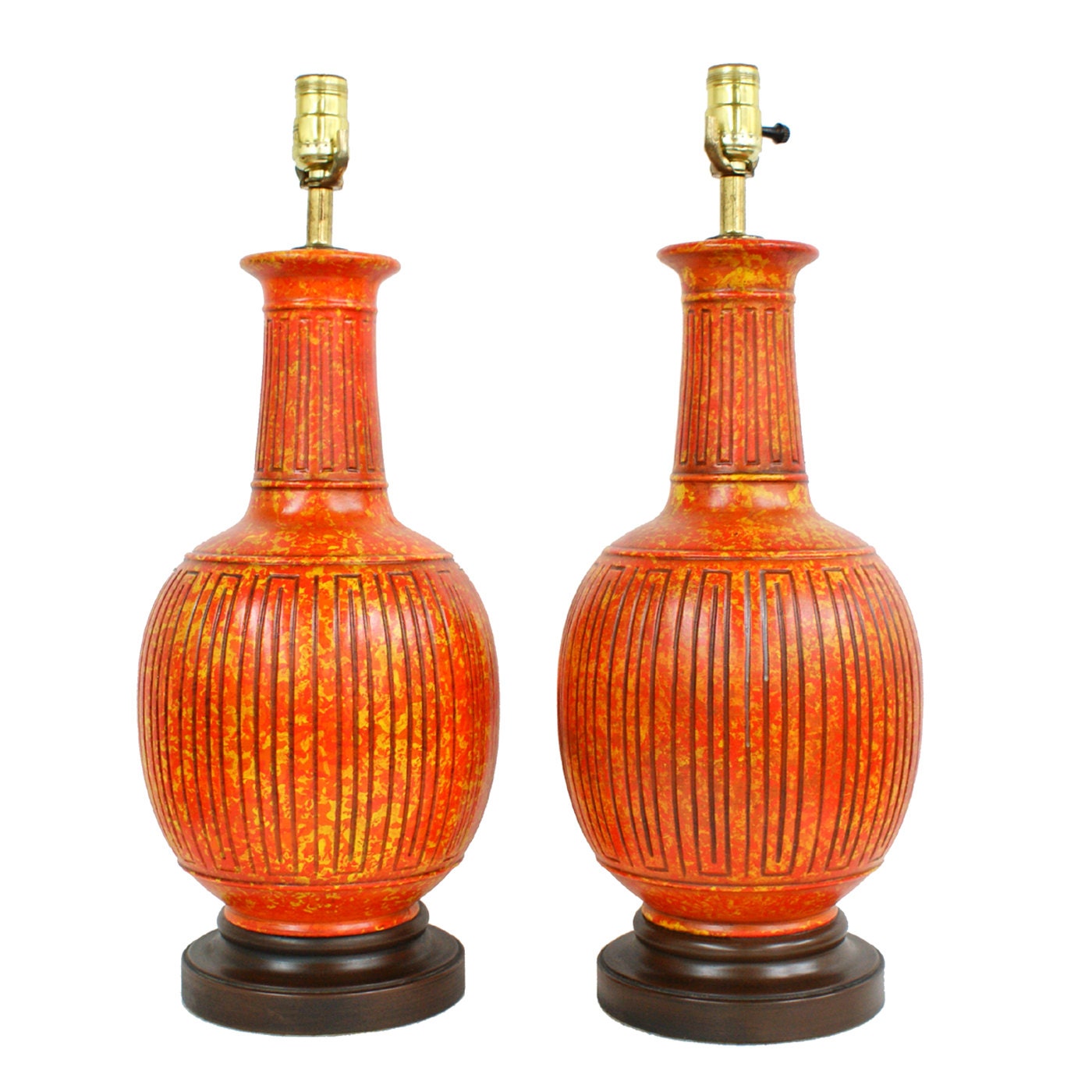 Pair of Bright Orange Ceramic Vintage Lamps