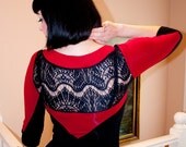 Red & Black Lace Dress, Jersey knit Women's Dress, Graphic Red T-Bar Shape, Boat Neck, Long Sleeve, Designer Fashion, Made in Australia.