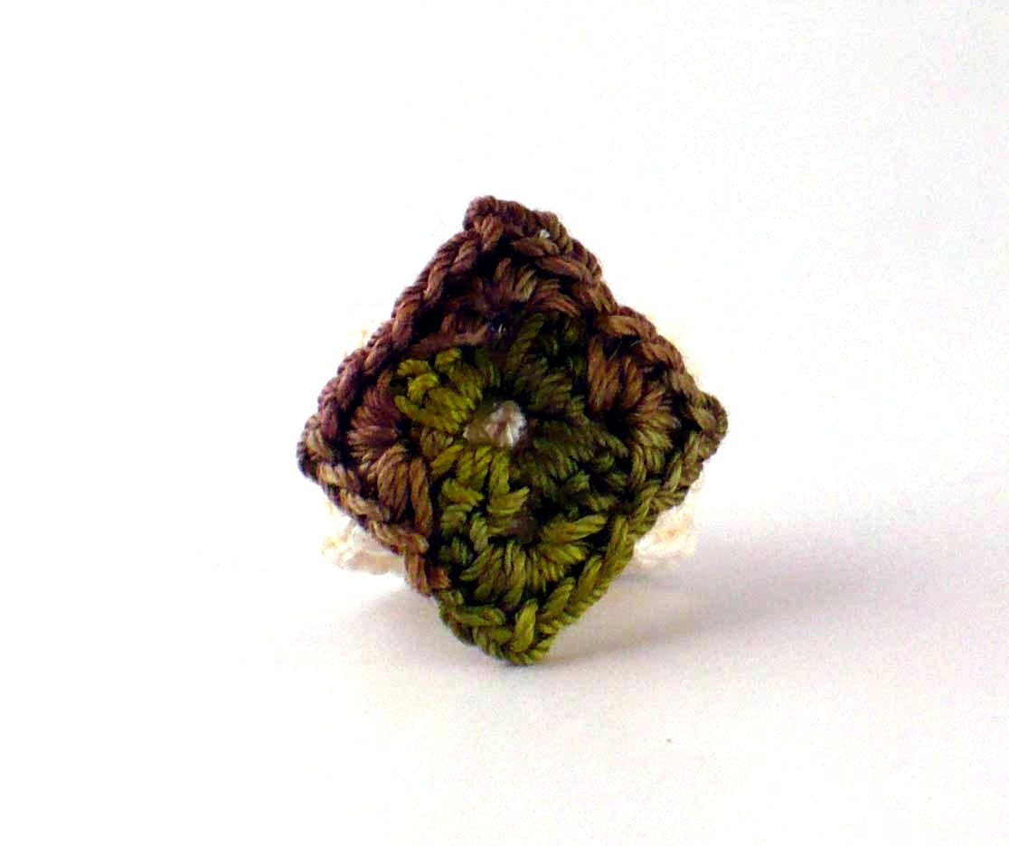 Crochet Ring Fiber Ring Miniature Granny Square Diamond Shape Mofit Moss Green Brown Cream Band