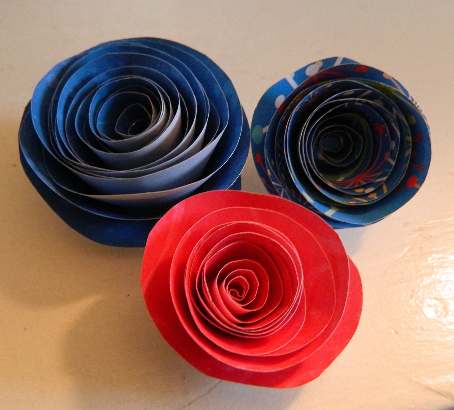 Ser of 3 Rolled Paper Roses- blues and pinks