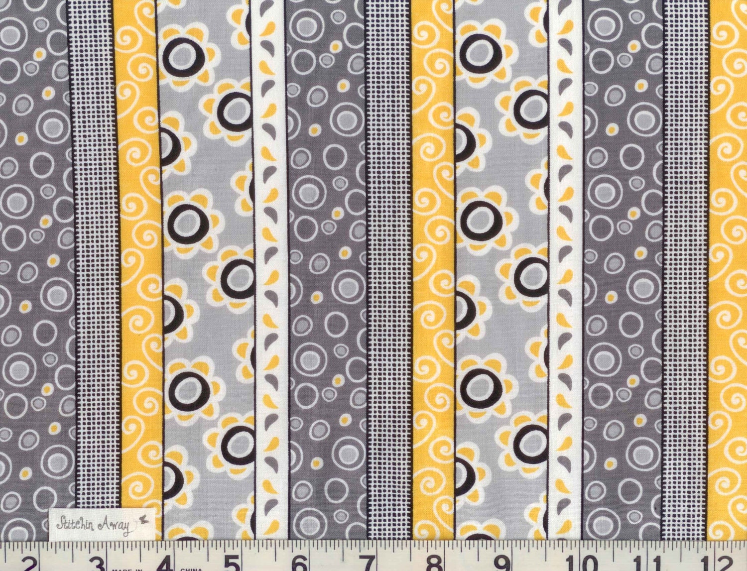 YELLOW, WHITE and Black, and Gray STRIPES Fabric New 100% Cotton Flowers, Modern