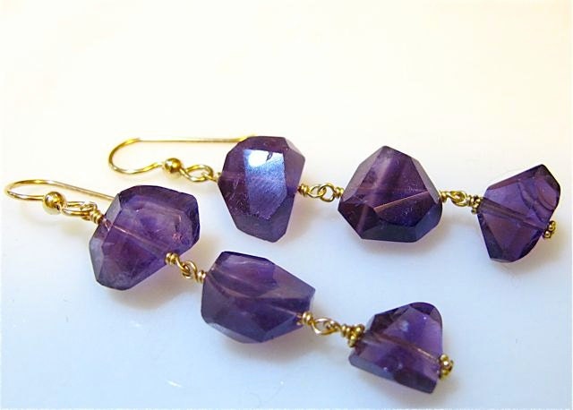 Amethyst drop earrings. Purple earrings. Purple gold. Gemstone jewelry. TRIPLE AMETHYST.
