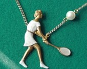 Smashing Tennis Player Necklace  - enamelled on vintage brass with parl