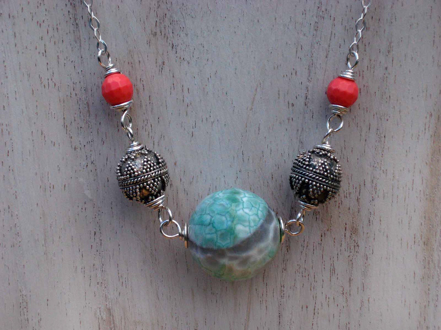 Aqua and Coral Pink Gemstone Boho Necklace - Sterling Silver - Hill Tribes Silver - Faceted Coral Jade, Gray Quartz, Tribal - Gift Box