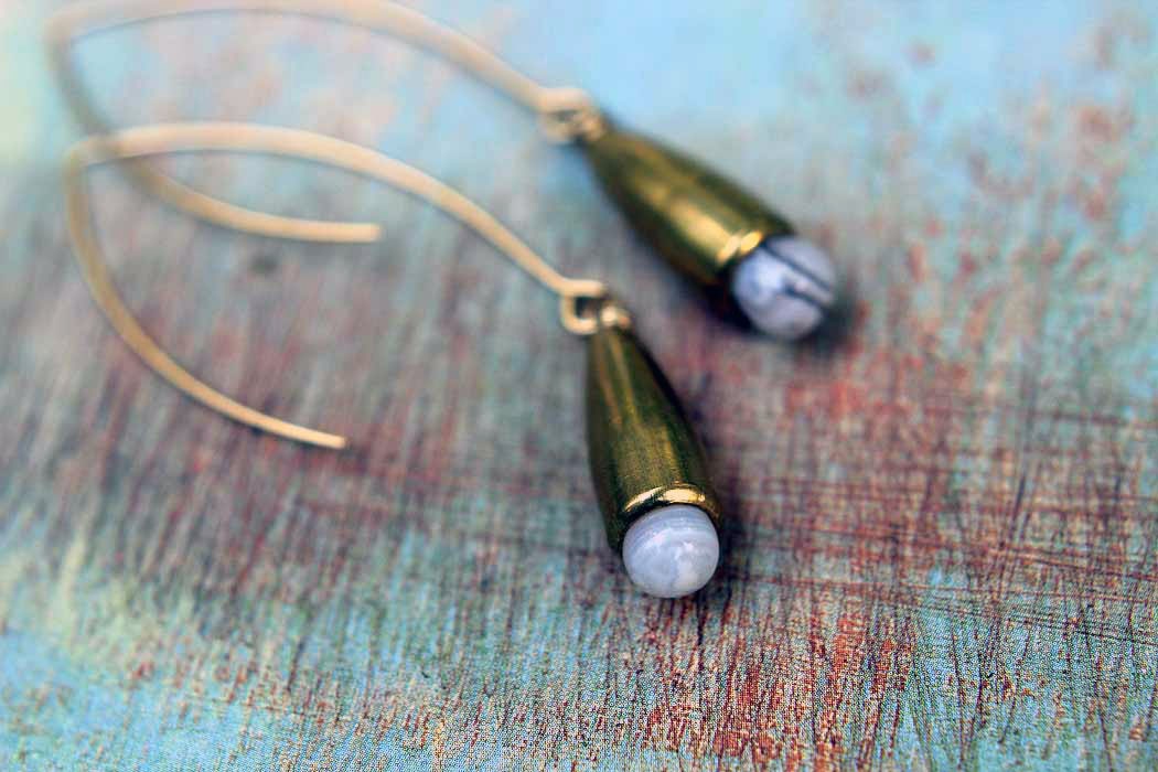 Gemstone Tear Drop Earrings - Gold Brass Bullet Dangles - Rustic Gray Grey Cone Drops - Botswana Agate Briolette - Gift Box